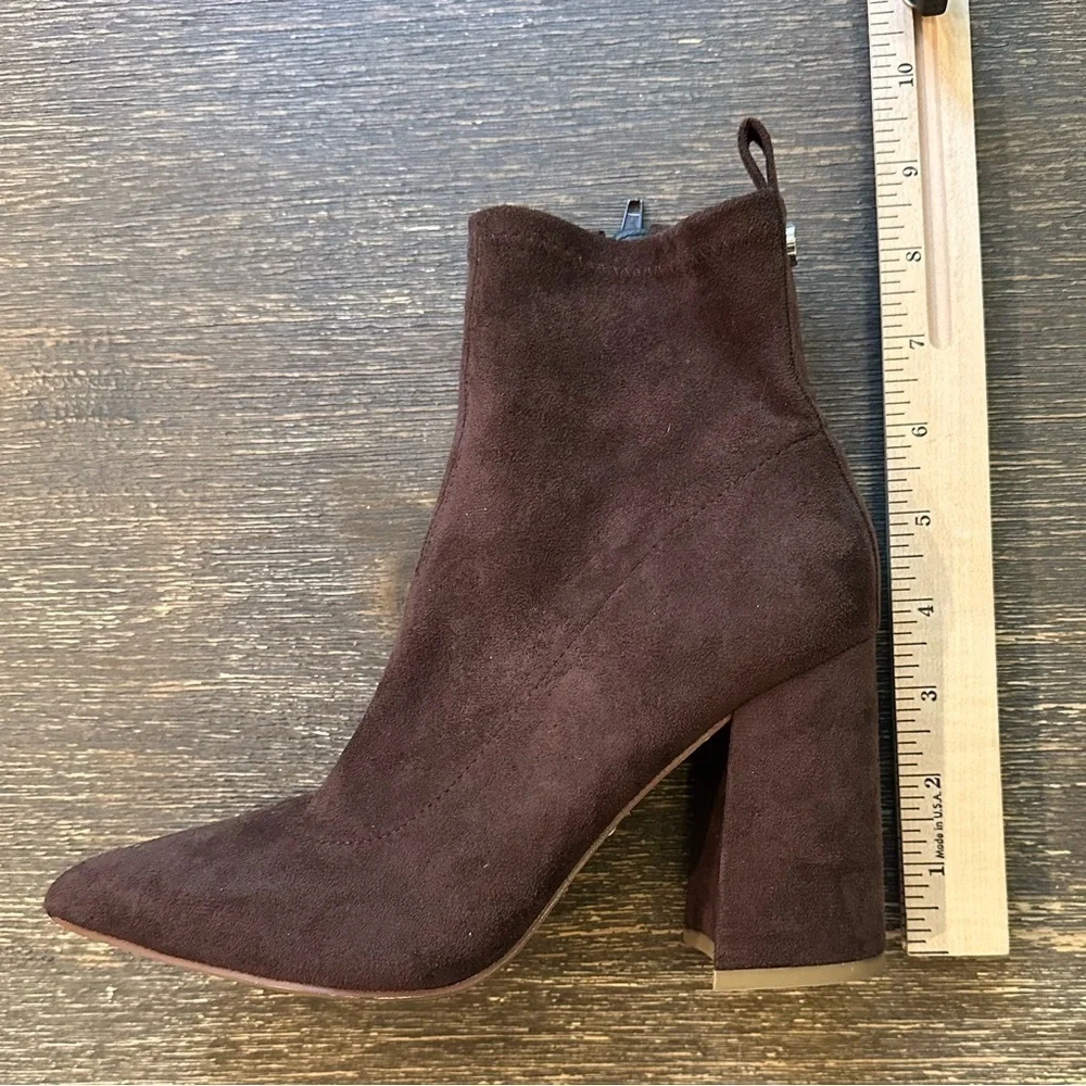 STEVE MADDEN FALONA BROWN FAUX SUEDE BLOCK HEEL ZIP SIDE HEEL GRIP BOOTIE 7.5 - Picture 7 of 9